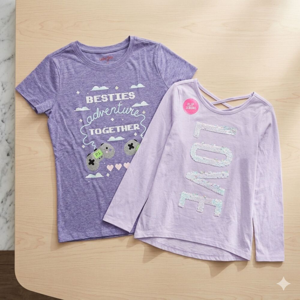 Girls Shirt Lot 2 Piece Short and Long Sleeve Casual Wear Purple Lavender Size M